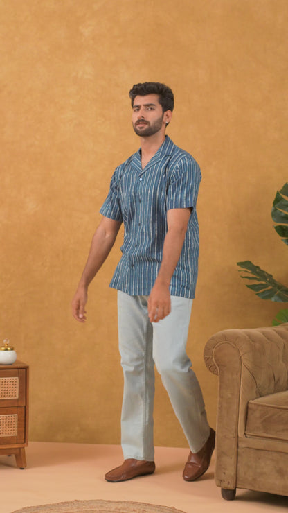 Navrang Men's Indigo Dabu Hand Block Striped Cotton Shirt – Sizes XS to 6XL