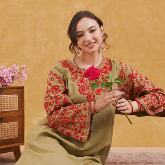 Beige With Red Embroidered Phiran Set, phiran dress of kashmir, beige with red embroidered phiran set price, beige with red embroidered phiran set online, beige with red embroidered phiran set online shopping, kashmiri phiran female, kashmiri phiran female online, phiran kurta set, phiran set for women, winter suits for women, winter suits for men, winter suits designs for ladies, winter suits for women with dupatta, winter suits for kids, winter suits for girls, winter suits design, winter suits for babies