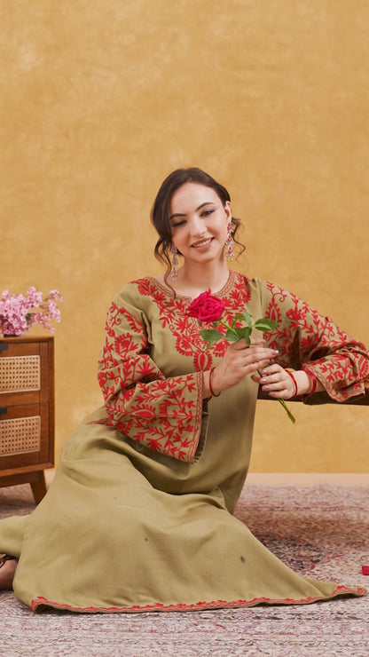 Beige With Red Embroidered Phiran Set, phiran dress of kashmir, beige with red embroidered phiran set price, beige with red embroidered phiran set online, beige with red embroidered phiran set online shopping, kashmiri phiran female, kashmiri phiran female online, phiran kurta set, phiran set for women, winter suits for women, winter suits for men, winter suits designs for ladies, winter suits for women with dupatta, winter suits for kids, winter suits for girls, winter suits design, winter suits for babies