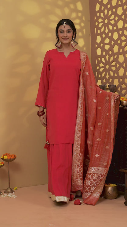 Jashn Caramine Red Mul Chanderi Skirt Set