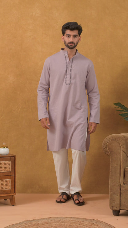 Navrang Men's Mauve Cotton Long Kurta Set – Sizes XS to 6XL