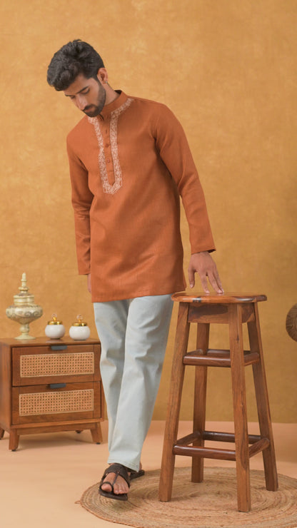 Navrang Men's Rust Pure Cotton Short Kurta – Sizes XS to 6XL