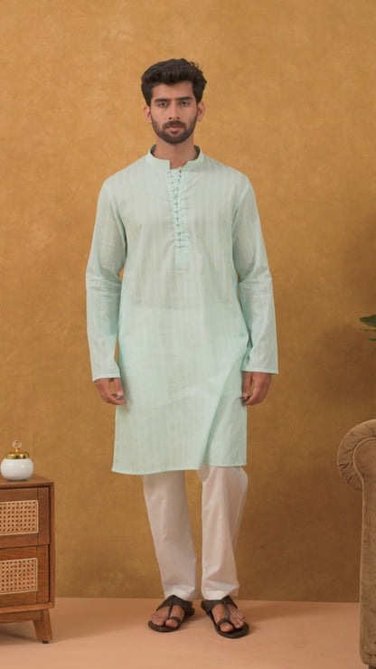 Navrang Men's Aqua Dobby Cotton Long Kurta Set – Sizes XS to 6XL