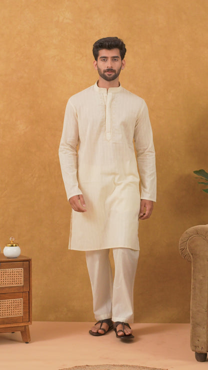 Navrang Men's Beige Dobby Textured Cotton Long Kurta Set – Sizes XS to 6XL