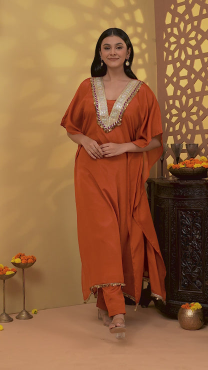 Jashn Kesari Rust V Neck Kaftan Set