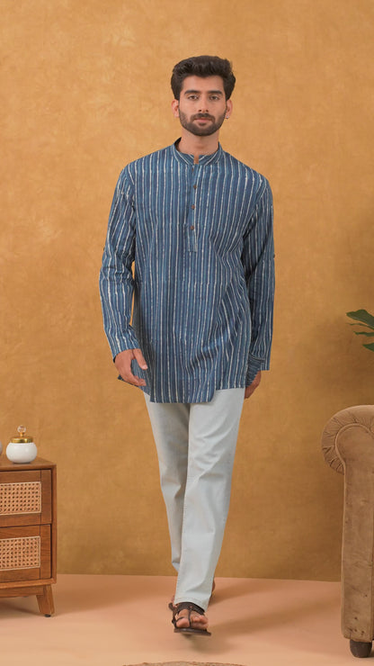 Navrang Men's Dabu Hand Block Printed Cotton Short Kurta – Sizes XS to 6XL
