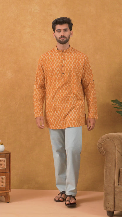 Navrang Men's Mustard Block Print Cotton Short Kurta – Sizes XS to 6XL