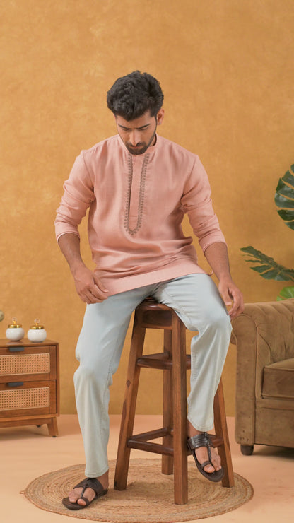 Navrang Men's Peach Pure Cotton Short Kurta – Sizes XS to 6XL