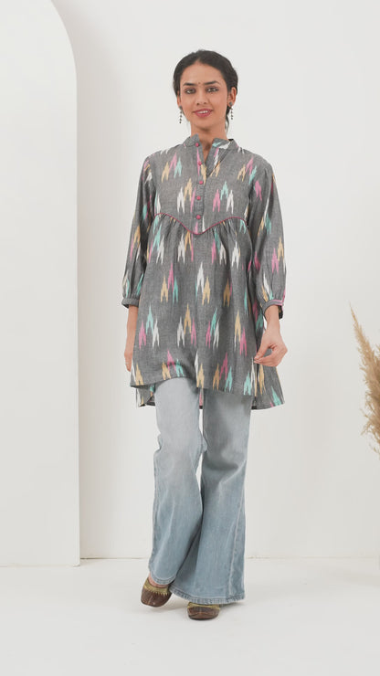 Heer Grey Multi Ikkat Gathered Tunics