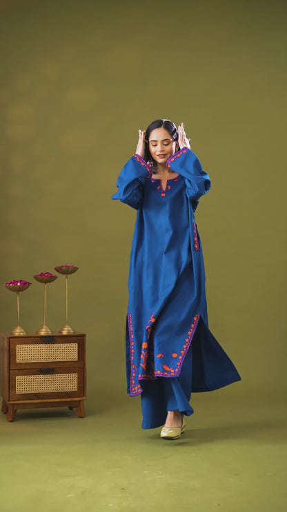 Utsaah Teal Blue Embroidered  Phiran Set