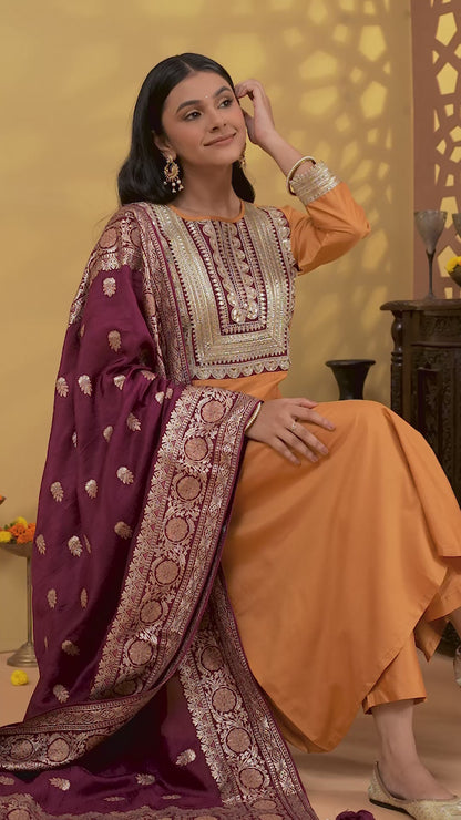 Jashn Golden Yellow Wine neck Patch Suit Set