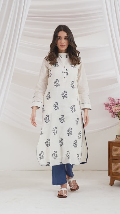 Mridu Off-White and Indigo Block Kurta Set