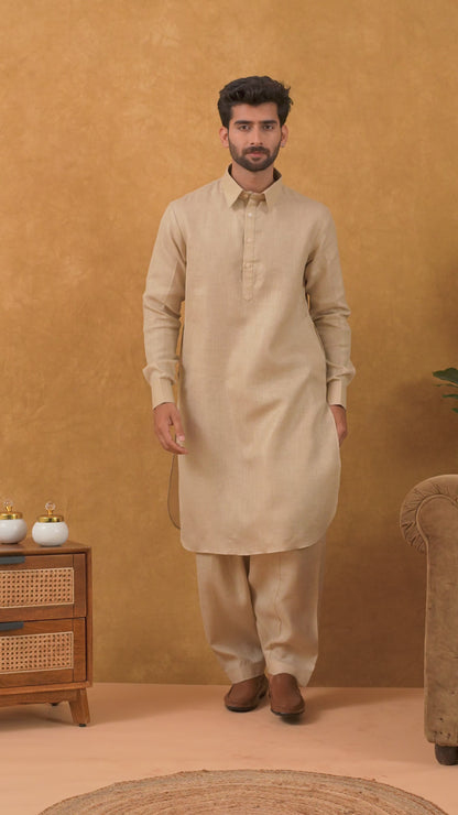 Navrang Men's Beige Linen Pathani Kurta Set – Sizes XS to 6XL