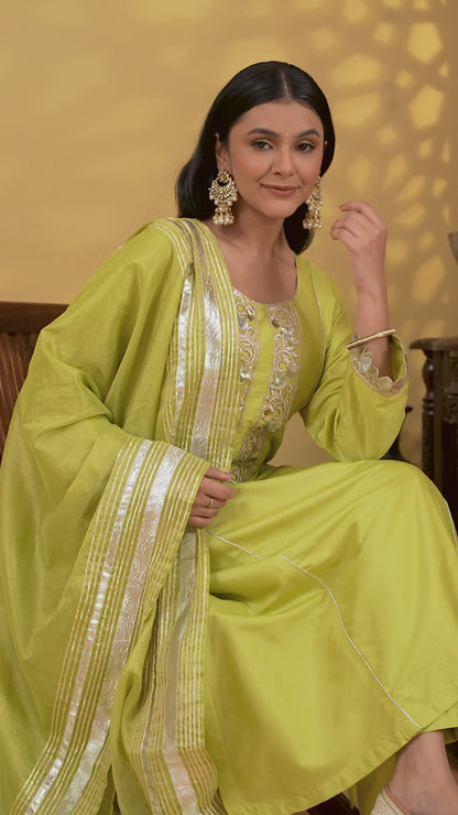 Jashn Lime Green Cotton Silk Embroidered Suit Set