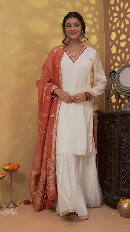 Jashn Ivory Mul chanderi Contrast suit Set