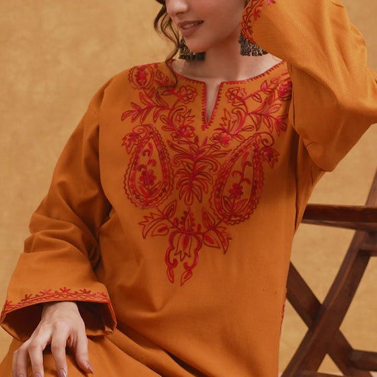 mustard colour pheran, mustard pheran, mustard colour embroidery, mustard yellow embroidered fabric, mustard with red suit set, mustard with red suit set party wear, women mustard with red suit set, mustard with red suit set ladies, mustard with red suit set online, winter suits, winter suits for women, kashmiri winter suits for ladies, kashmiri winter suits for ladies with price, winter suits unstitched, winter woolen suits for ladies with price, unstitched winter suits for ladies