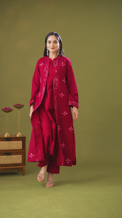 Utsaah Maroon Woolen Three Piece Set