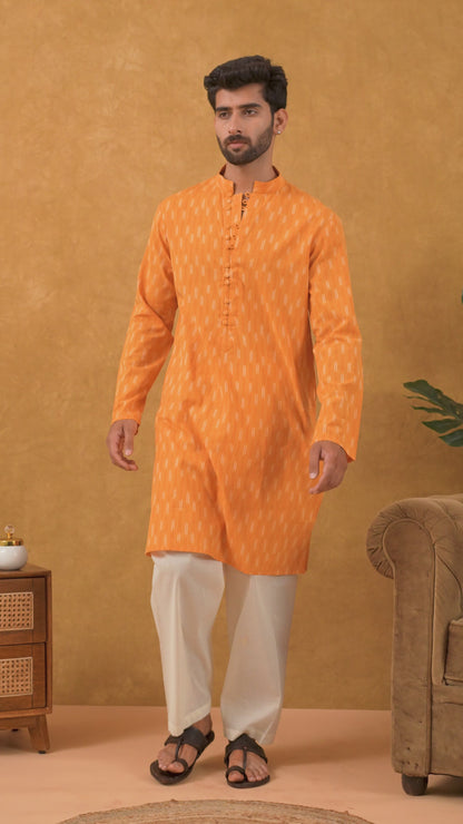 Navrang Men's Mustard Ikat Woven Cotton Long Kurta – Sizes XS to 6XL